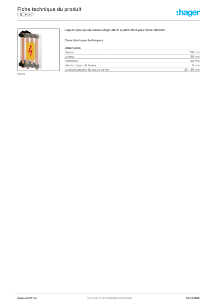 Image Hager Fiche technique du produit UC830 | Hager Belgique