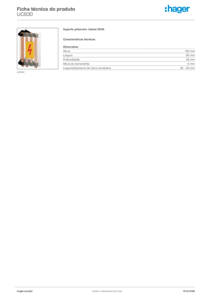 Imagem Hager Ficha técnica do produto UC830 | Hager Portugal