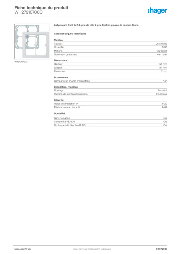 Image Hager Fiche technique du produit WH27910700C | Hager Suisse