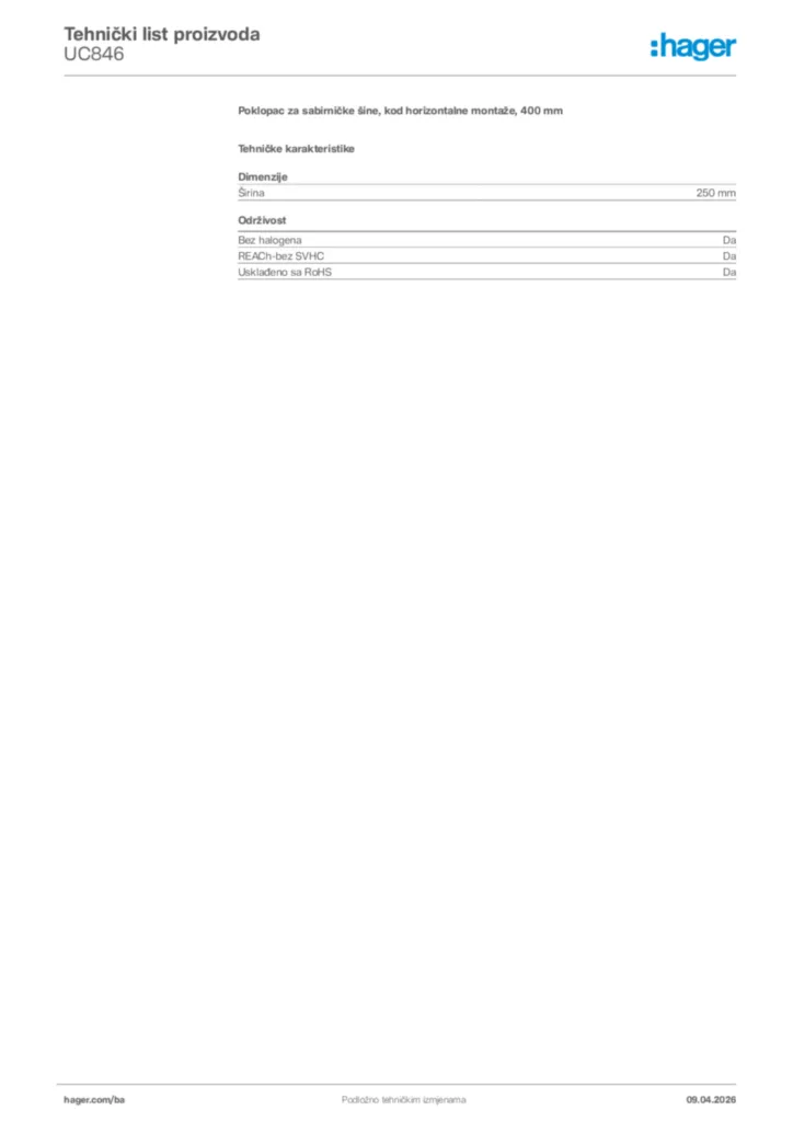 Slika Hager Tehnički list proizvoda UC846  | Hager