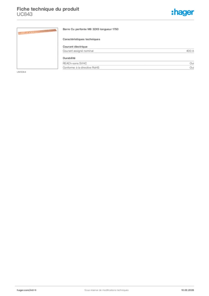 Image Hager Fiche technique du produit UC843 | Hager Afrique
