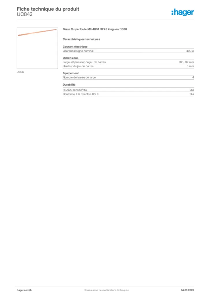 Image Hager Fiche technique du produit UC842 | Hager France