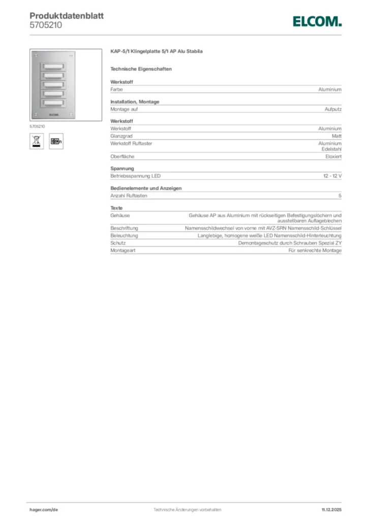Bild Elcom Produktdatenblatt 5705210 | Hager Deutschland