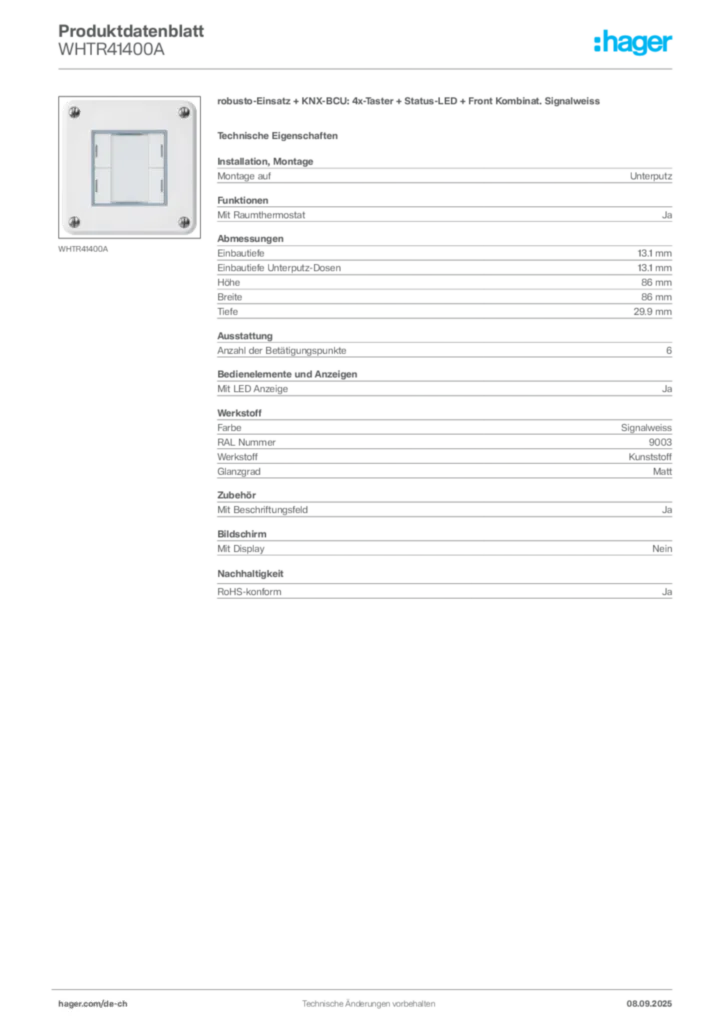 Bild Hager Produktdatenblatt WHTR41400A | Hager Schweiz