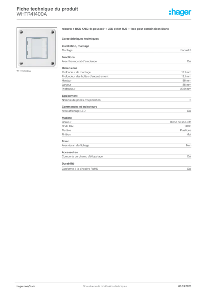 Image Hager Fiche technique du produit WHTR41400A | Hager Suisse