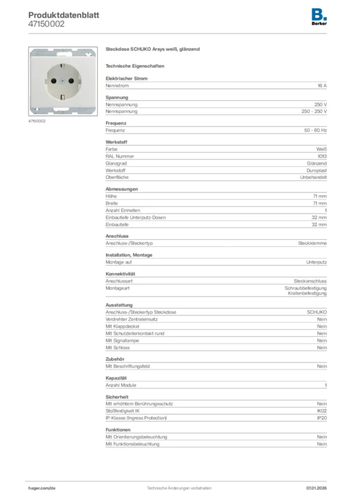 Bild Berker Produktdatenblatt 47150002 | Hager Deutschland