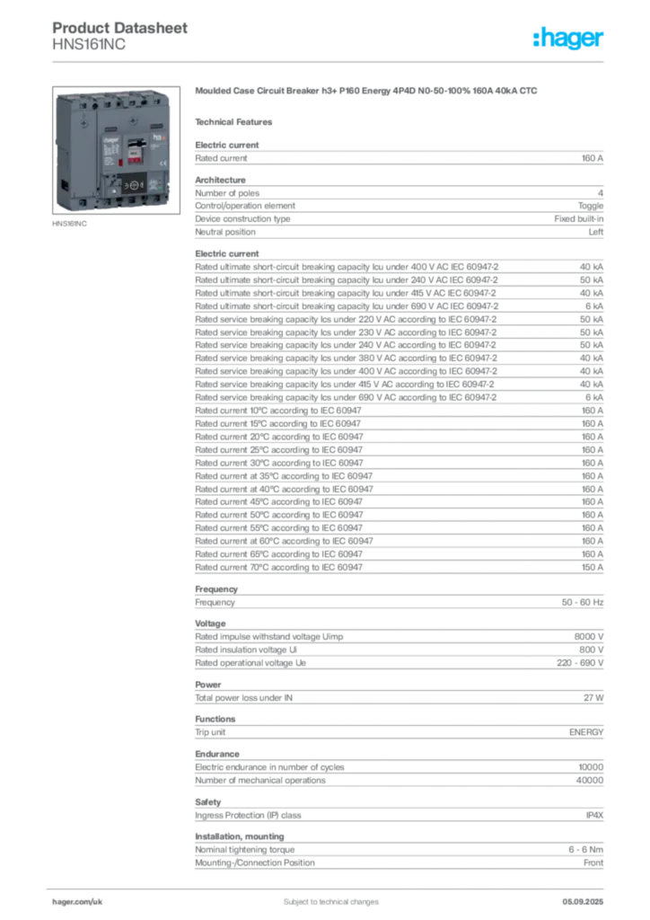 Image Hager Product data sheet HNS161NC  | Hager