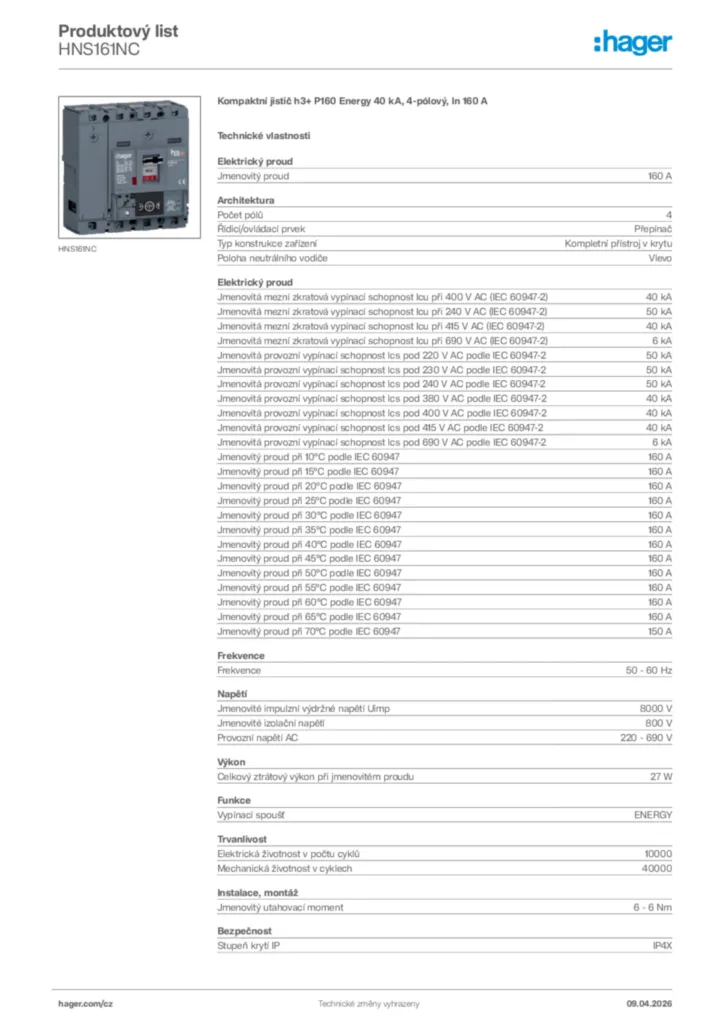 Obrázek Hager Product data sheet HNS161NC | Hager