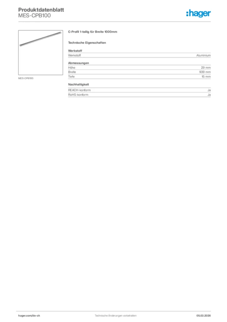 Bild Hager Produktdatenblatt MES-CPB100 | Hager Schweiz