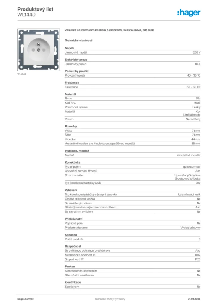 Obrázek Hager Product data sheet WL1440 | Hager