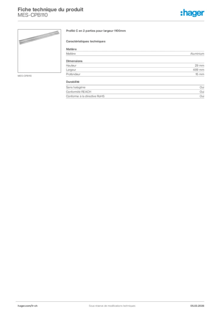 Image Hager Fiche technique du produit MES-CPB110 | Hager Suisse