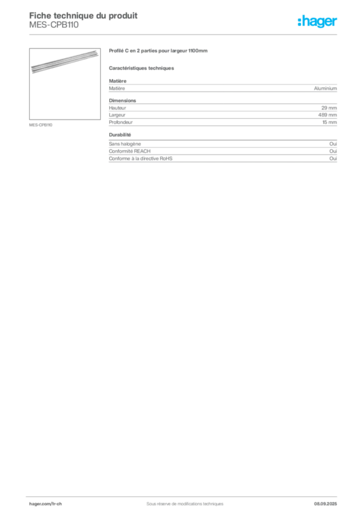 Image Hager Fiche technique du produit MES-CPB110 | Hager Suisse