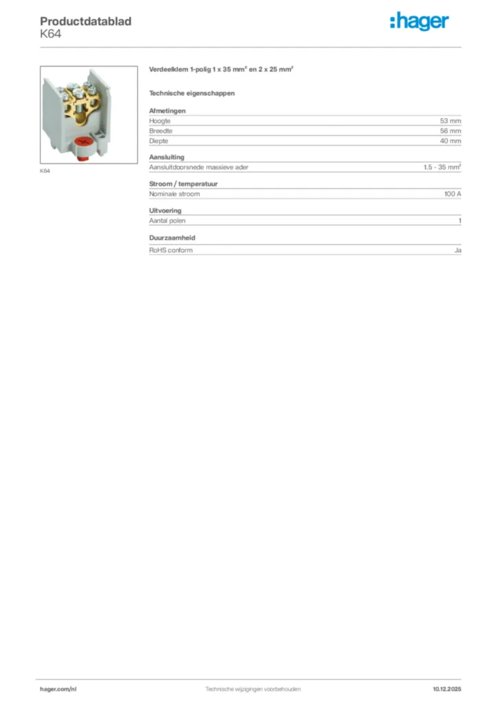 Afbeelding Hager Productdatablad K64 | Hager Nederland