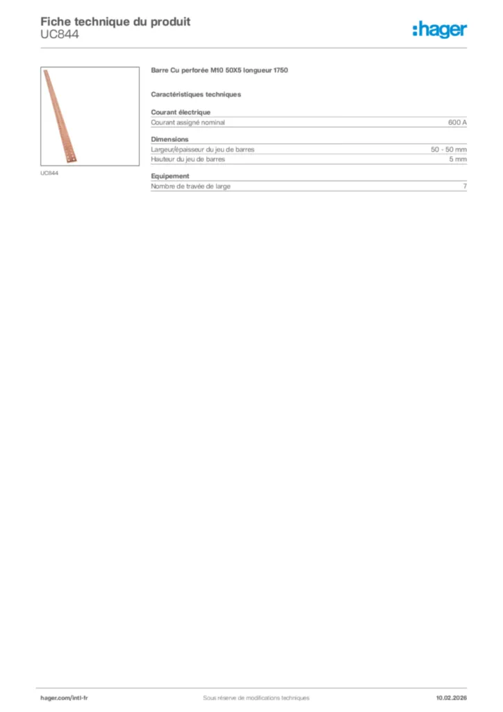 Image Hager Fiche technique du produit UC844 | Hager Afrique