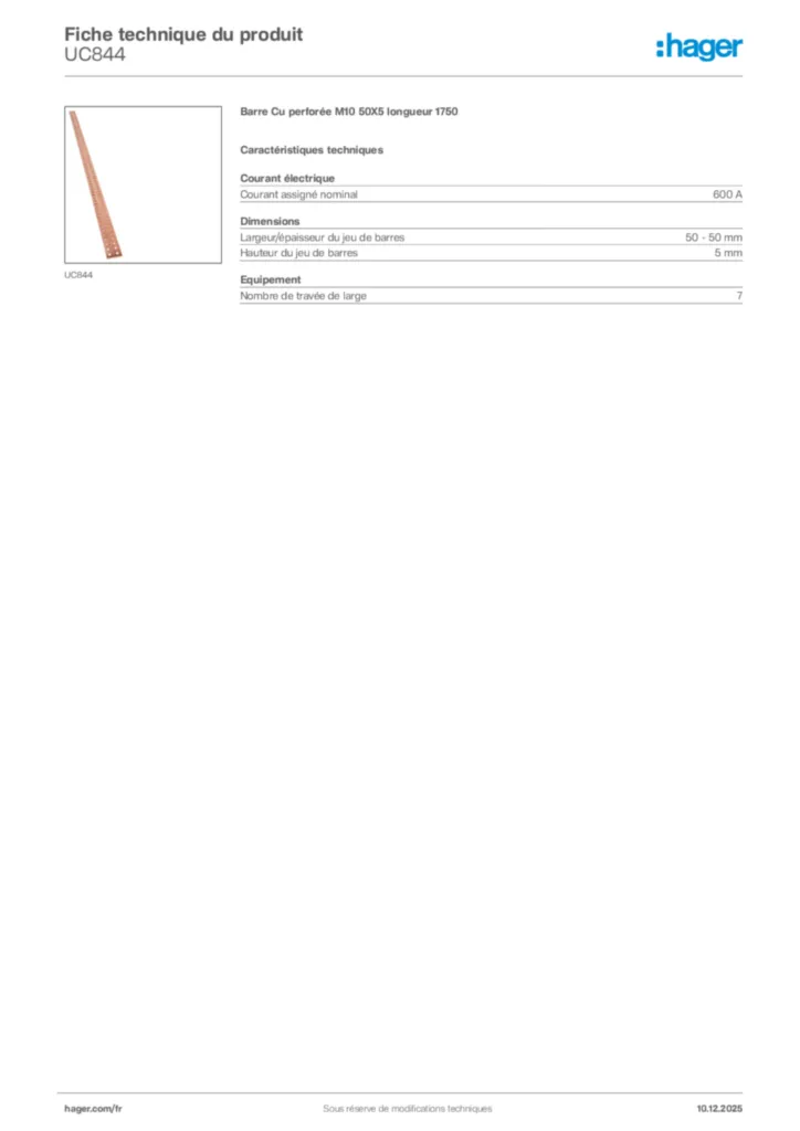 Image Hager Fiche technique du produit UC844 | Hager France