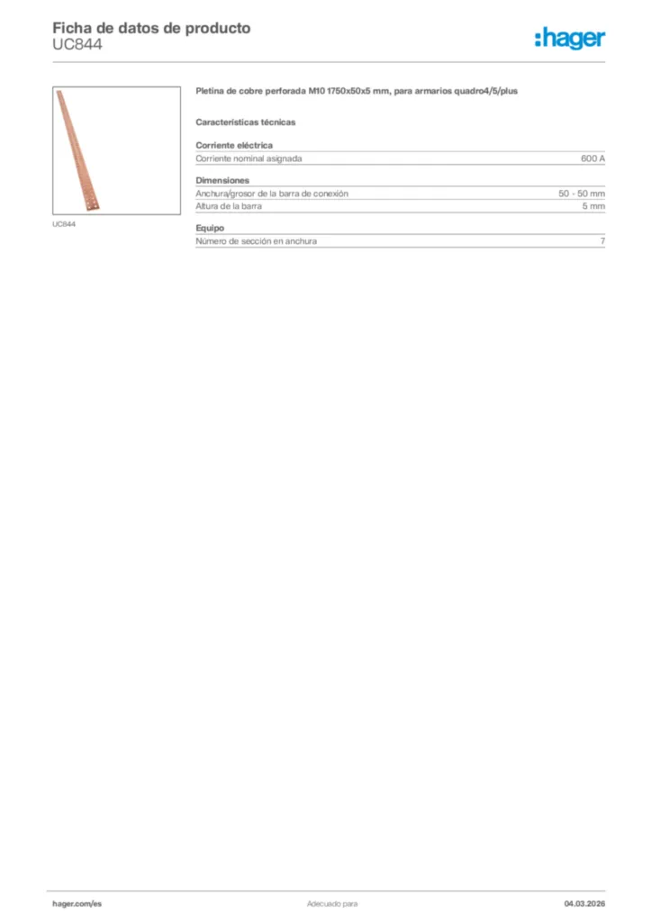Imagen Hager Ficha de datos de producto UC844 | Hager España