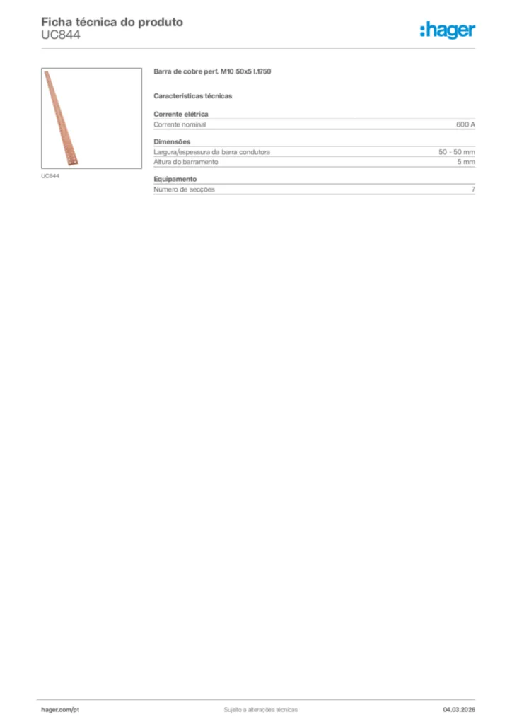 Imagem Hager Ficha técnica do produto UC844 | Hager Portugal