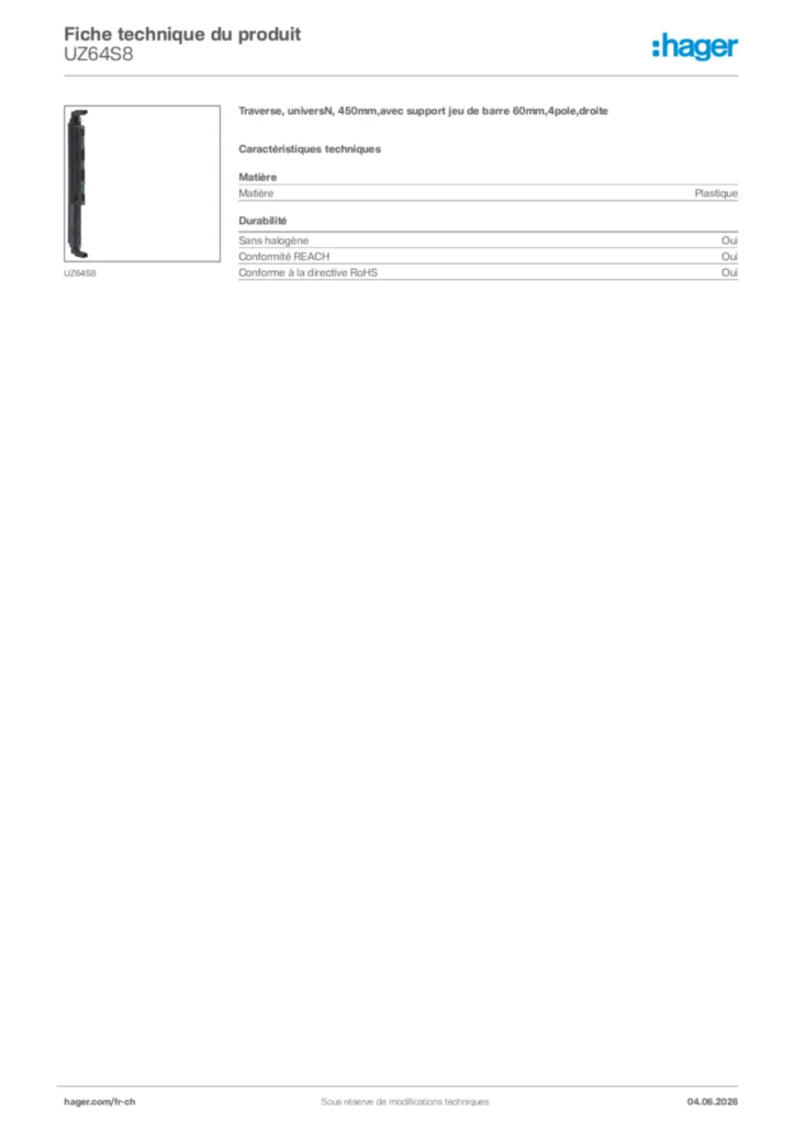 Image Hager Fiche technique du produit UZ64S8 | Hager Suisse