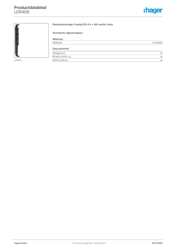 Afbeelding Hager Productdatablad UZ64S8 | Hager Nederland