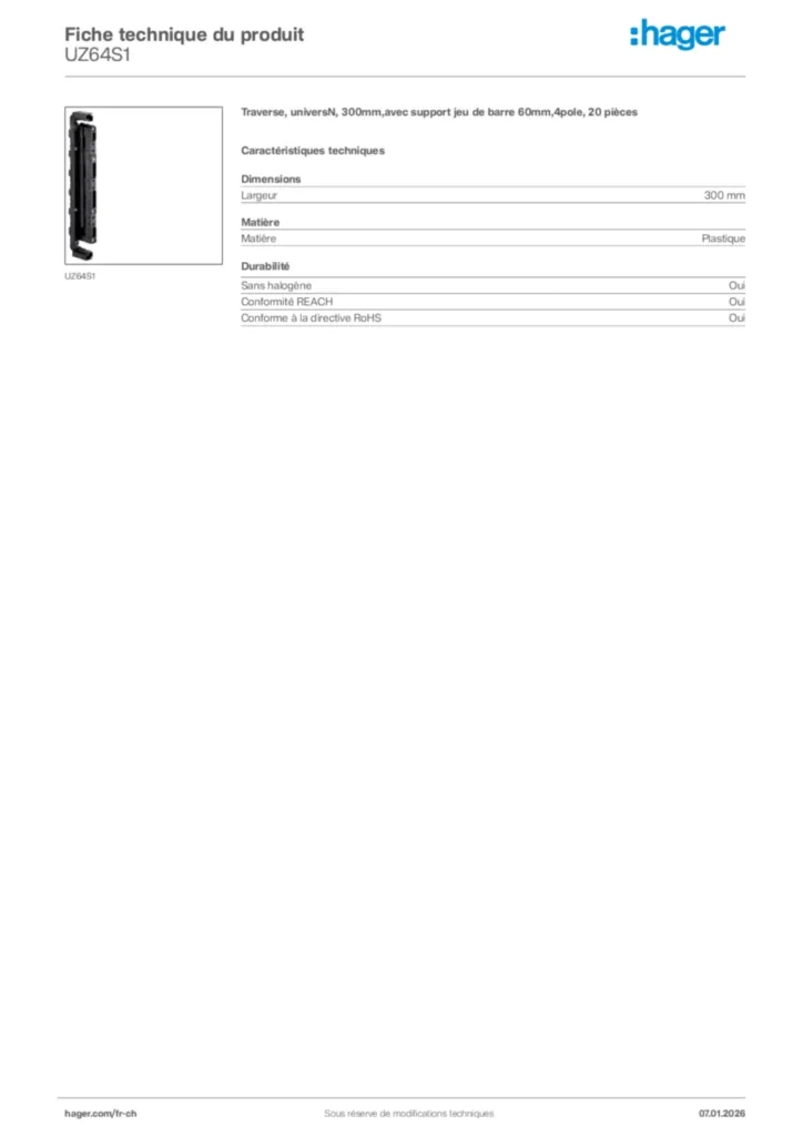 Image Hager Fiche technique du produit UZ64S1 | Hager Suisse