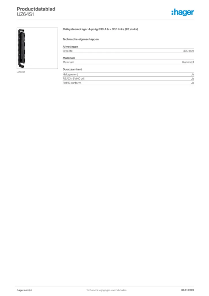 Afbeelding Hager Productdatablad UZ64S1 | Hager Nederland