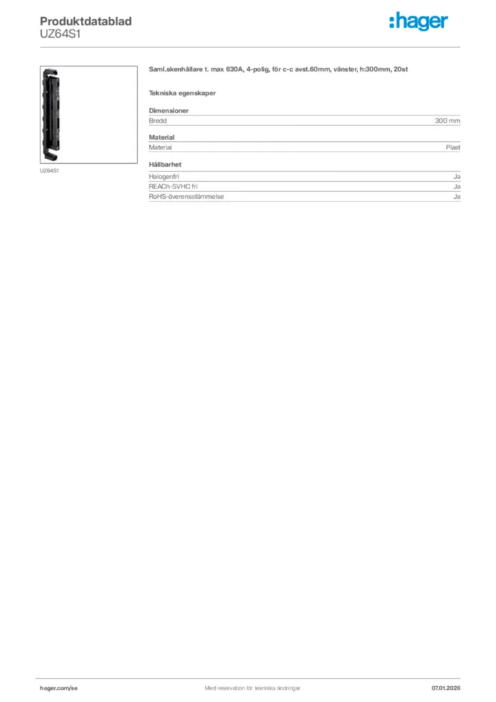 Bild Hager Produktdatablad UZ64S1 | Hager Sverige