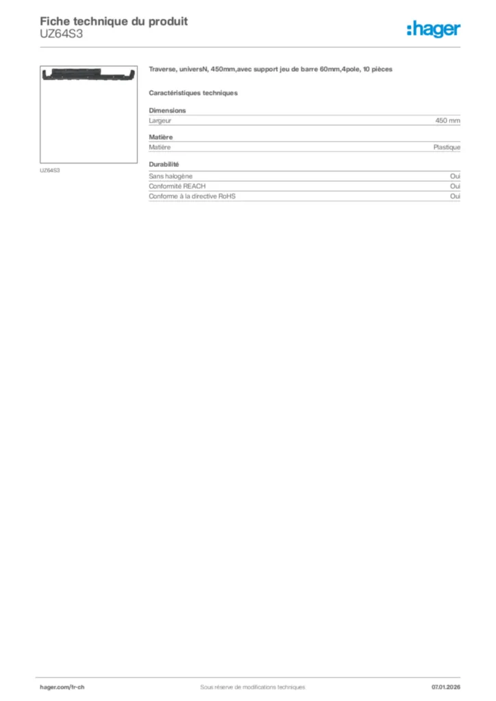 Image Hager Fiche technique du produit UZ64S3 | Hager Suisse
