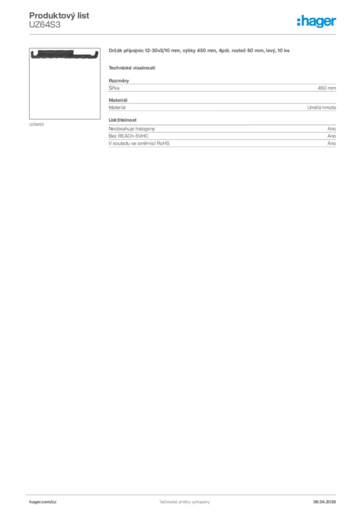 Obrázek Hager Product data sheet UZ64S3 | Hager