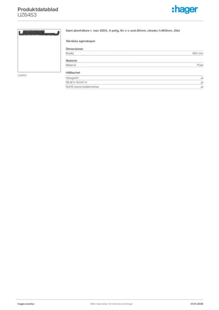 Bild Hager Produktdatablad UZ64S3 | Hager Sverige
