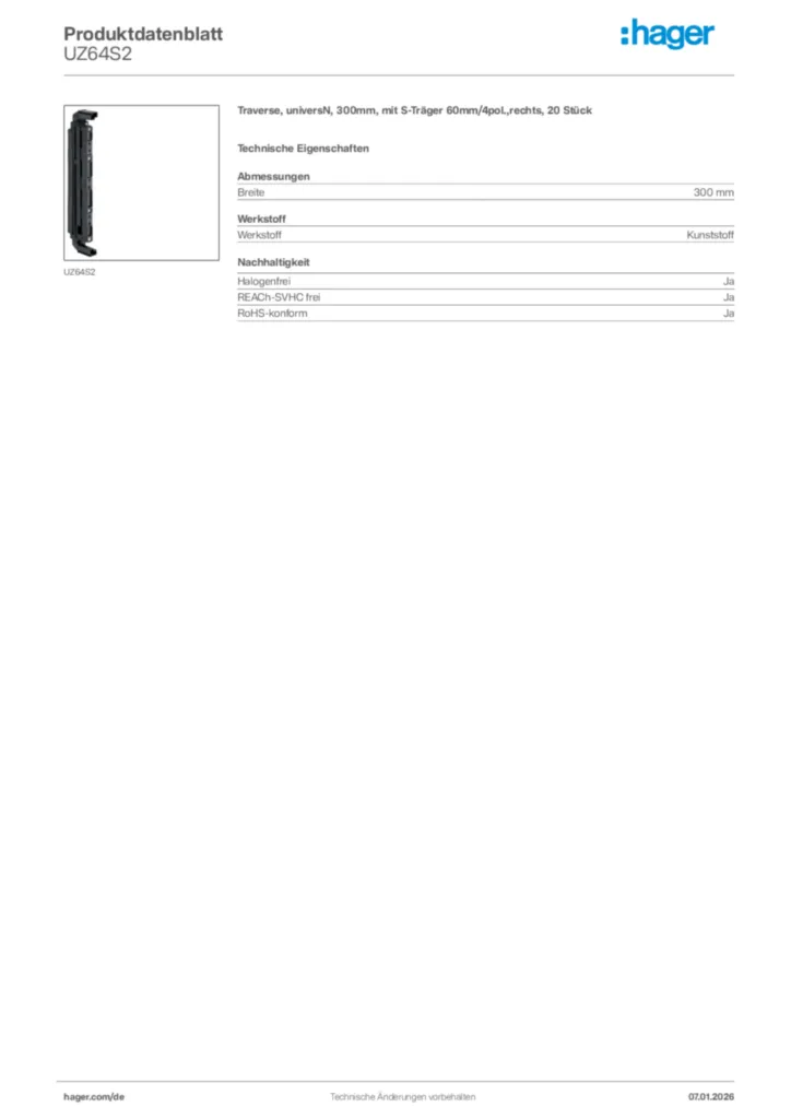 Bild Hager Produktdatenblatt UZ64S2 | Hager Deutschland