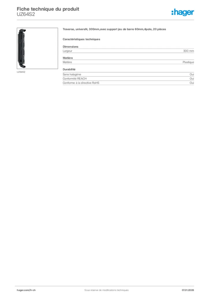 Image Hager Fiche technique du produit UZ64S2 | Hager Suisse