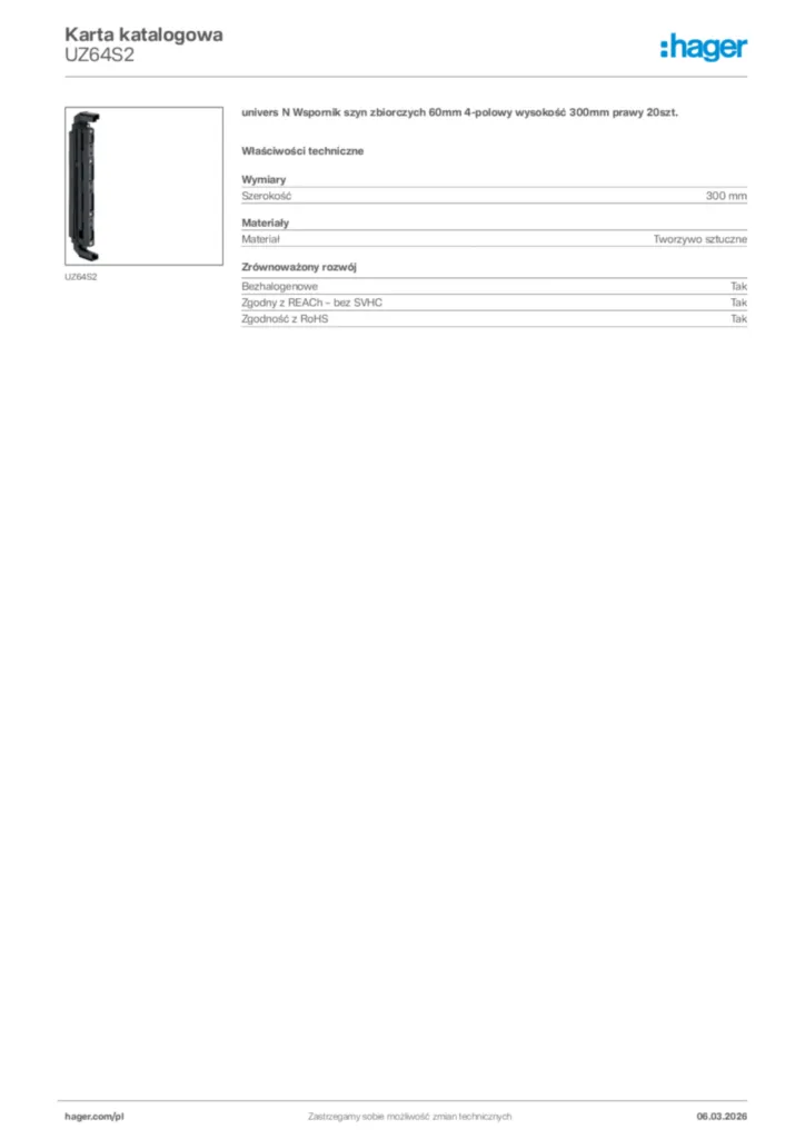 Zdjęcie Hager Karta katalogowa UZ64S2 | Hager Polska