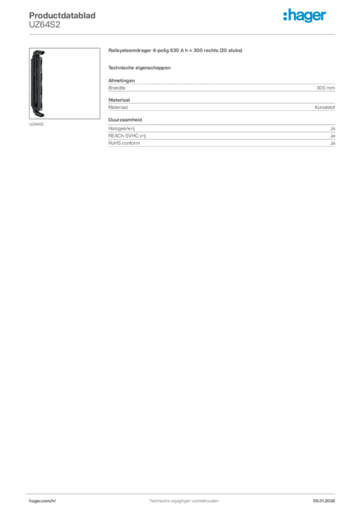 Afbeelding Hager Productdatablad UZ64S2 | Hager Nederland