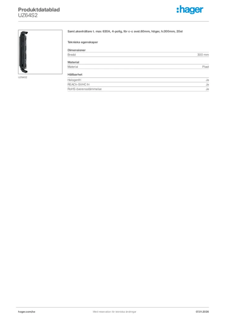 Bild Hager Produktdatablad UZ64S2 | Hager Sverige