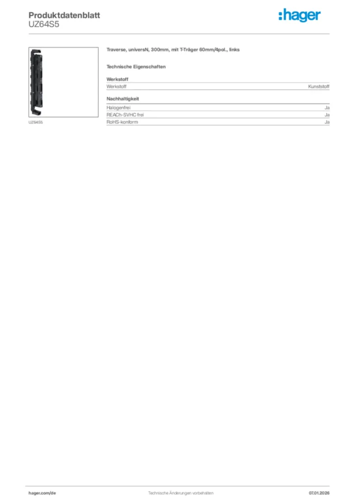 Bild Hager Produktdatenblatt UZ64S5 | Hager Deutschland