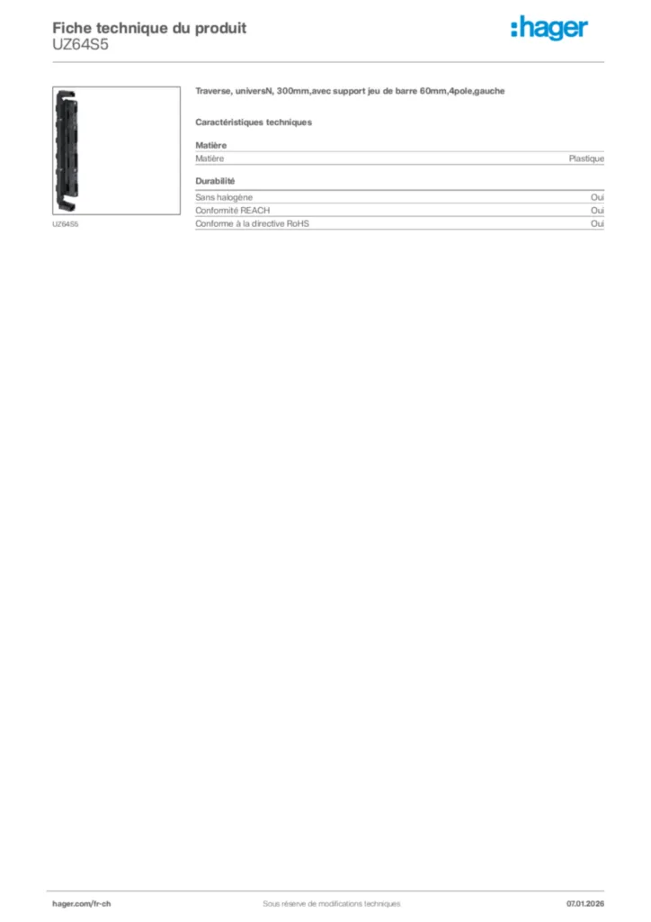 Image Hager Fiche technique du produit UZ64S5 | Hager Suisse