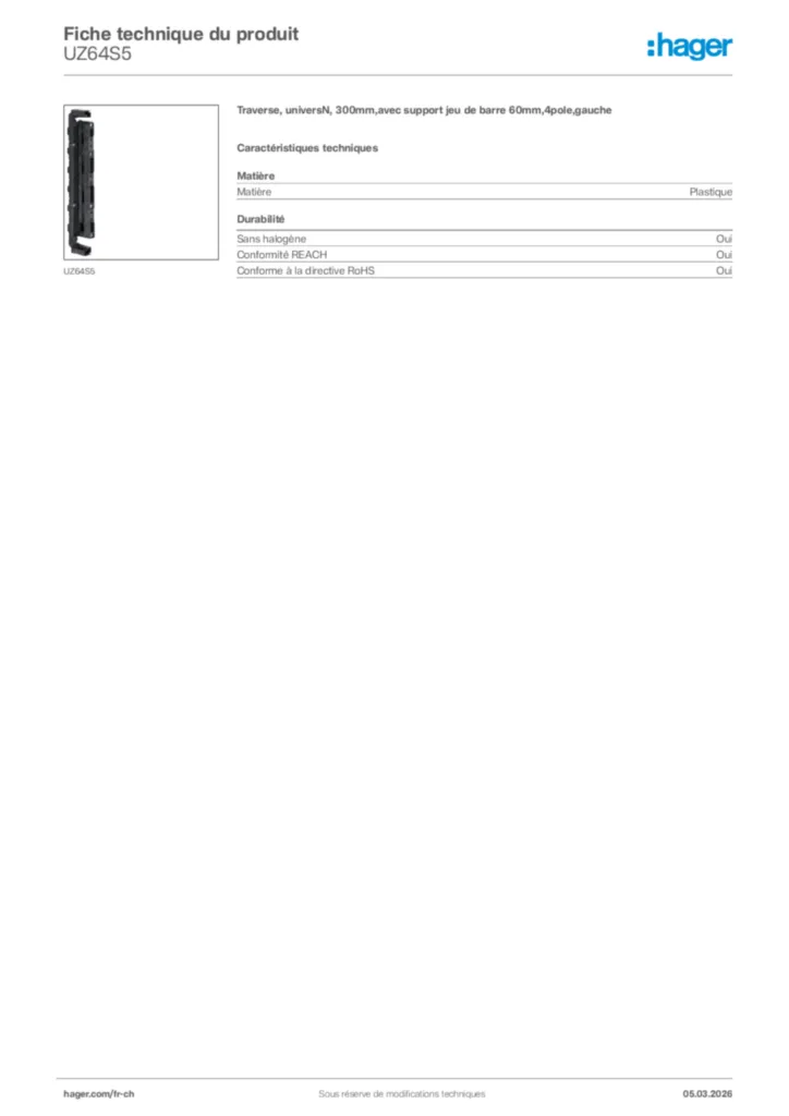 Image Hager Fiche technique du produit UZ64S5 | Hager Suisse