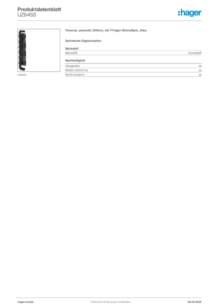 Bild Hager Produktdatenblatt UZ64S5 | Hager Deutschland