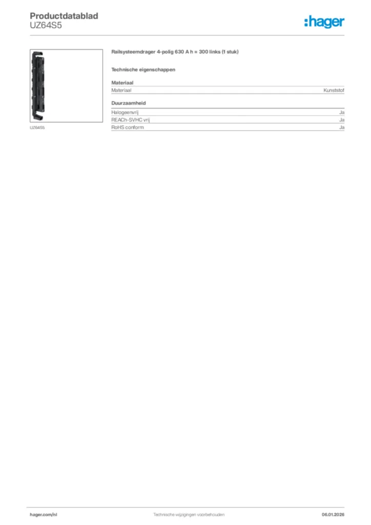 Afbeelding Hager Productdatablad UZ64S5 | Hager Nederland