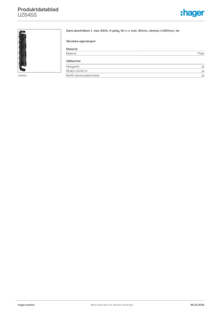 Bild Hager Produktdatablad UZ64S5 | Hager Sverige