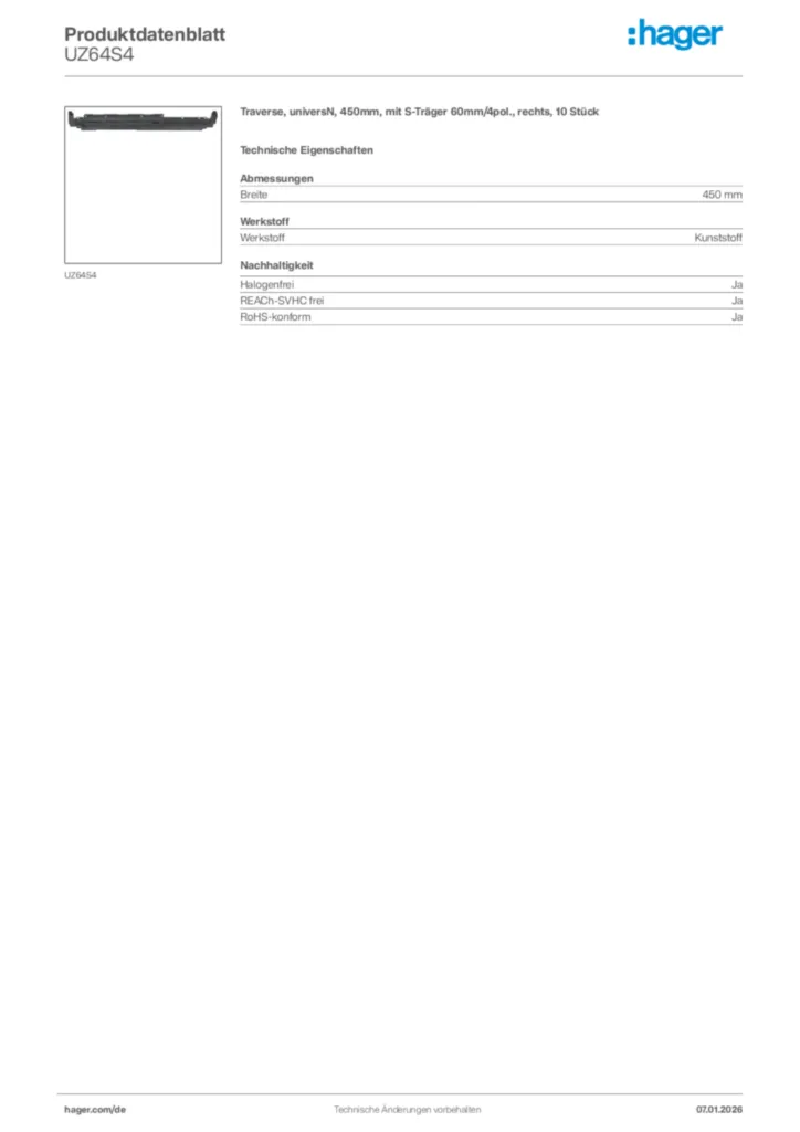 Bild Hager Produktdatenblatt UZ64S4 | Hager Deutschland