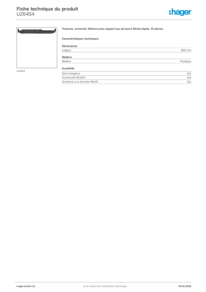 Image Hager Fiche technique du produit UZ64S4 | Hager Suisse