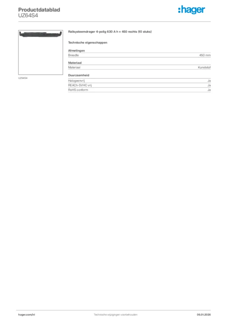 Afbeelding Hager Productdatablad UZ64S4 | Hager Nederland