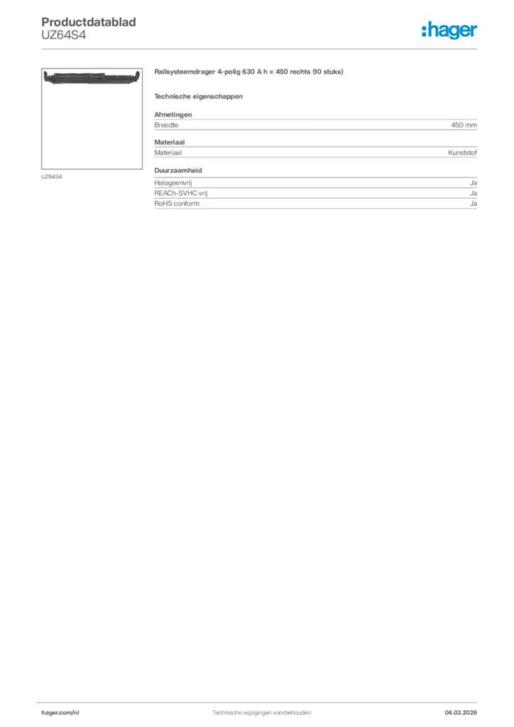 Afbeelding Hager Productdatablad UZ64S4 | Hager Nederland