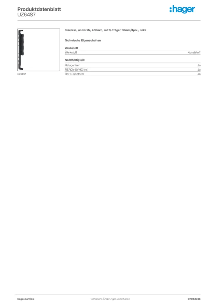 Bild Hager Produktdatenblatt UZ64S7 | Hager Deutschland