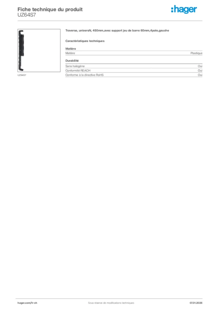 Image Hager Fiche technique du produit UZ64S7 | Hager Suisse
