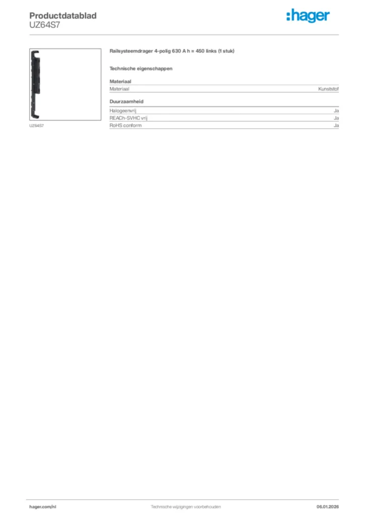 Afbeelding Hager Productdatablad UZ64S7 | Hager Nederland