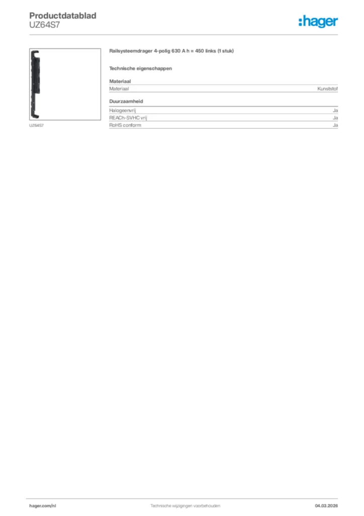 Afbeelding Hager Productdatablad UZ64S7 | Hager Nederland