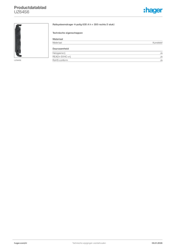Afbeelding Hager Productdatablad UZ64S6 | Hager Nederland
