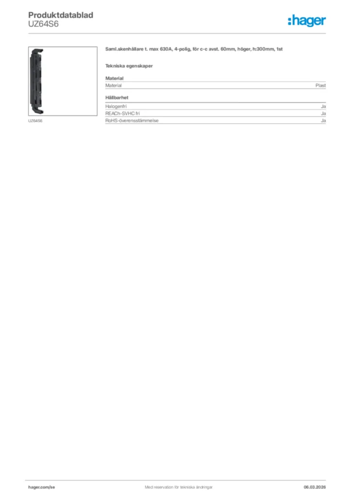 Bild Hager Produktdatablad UZ64S6 | Hager Sverige